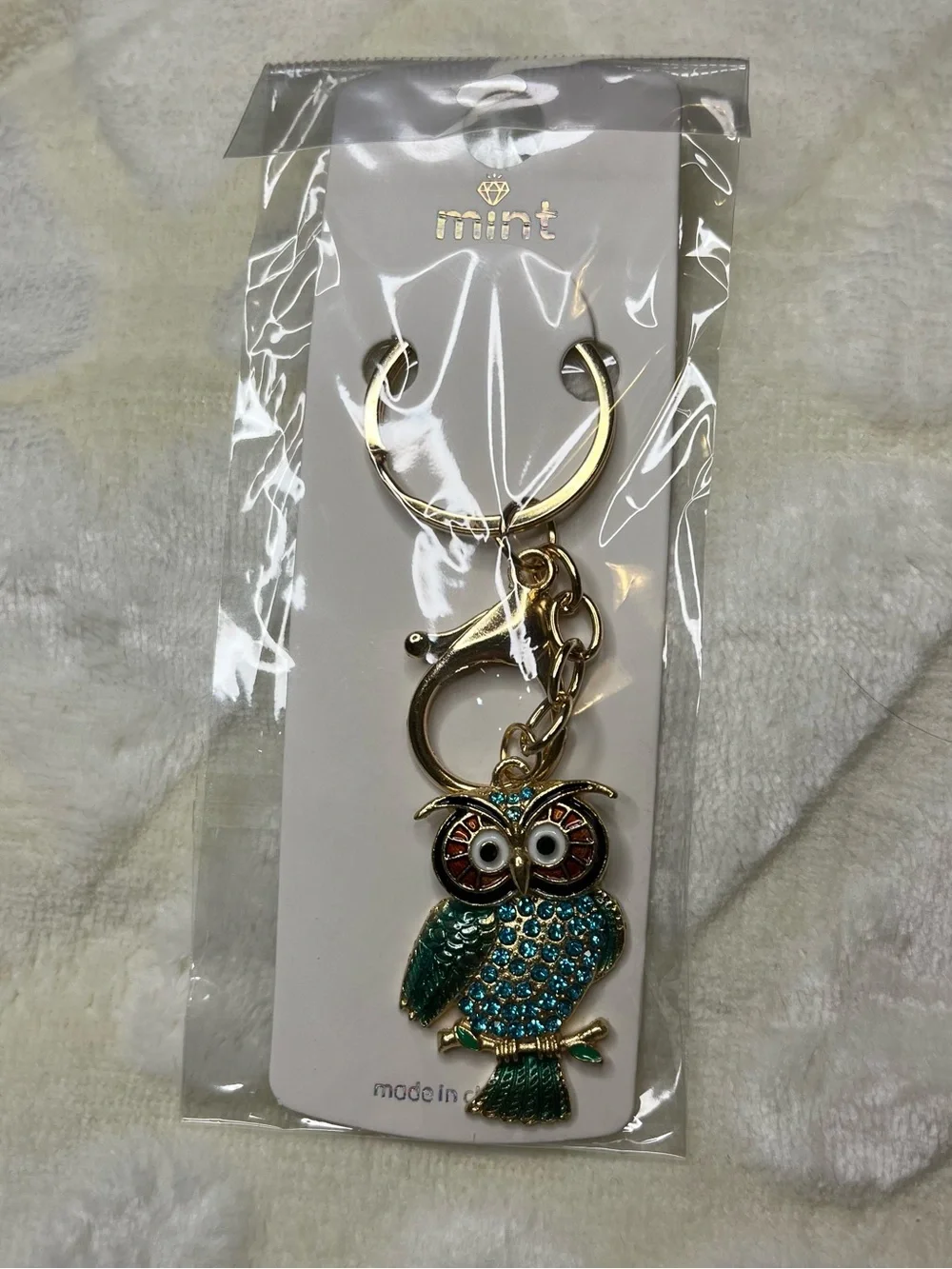 Mint Gold-Tone Owl Keychain with Teal and Red Enamel
